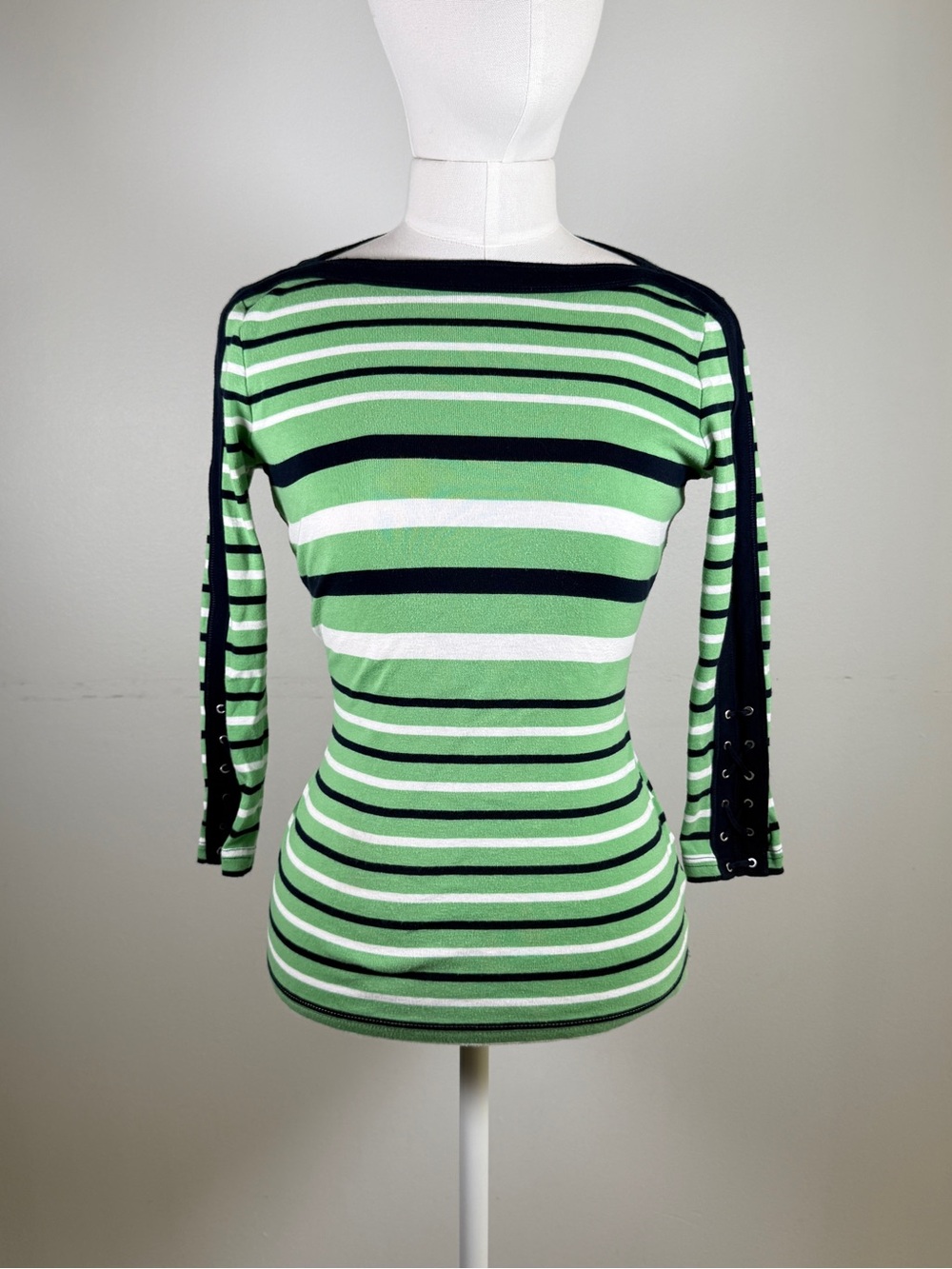 y2k Striped Green and Navy Lace-Up Sleeve Women's Top